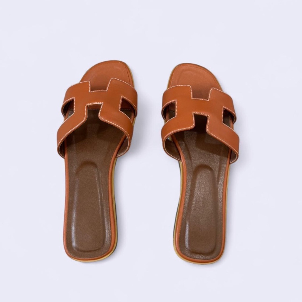 Women's Tan Slide Sandals - Leather Upper
